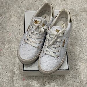 Guess Women's White Quilted Sneakers with Gold Details